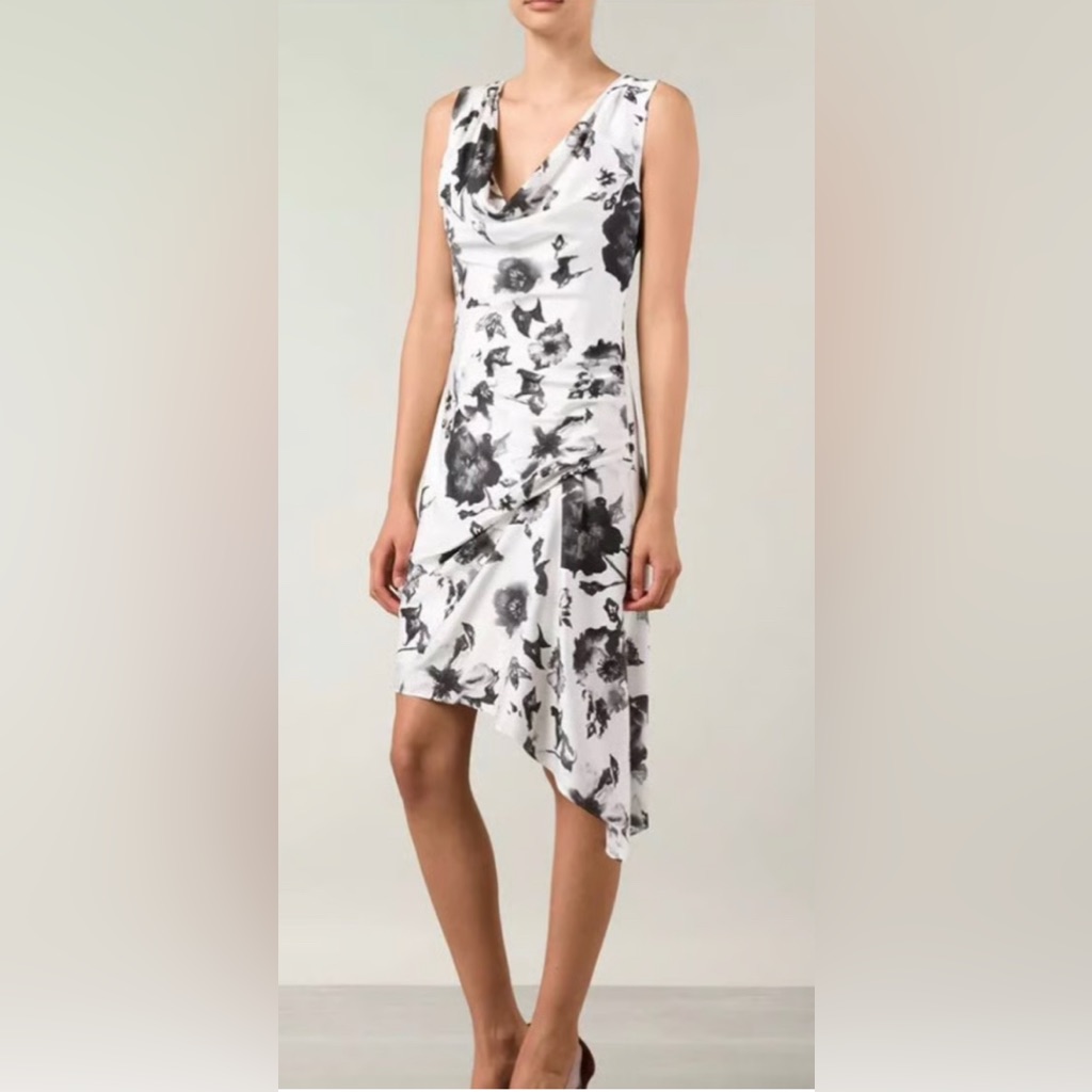 Haute Hippie Sleeveless Silk Cowl Neck Asymmetric Hem Midi Dress Floral